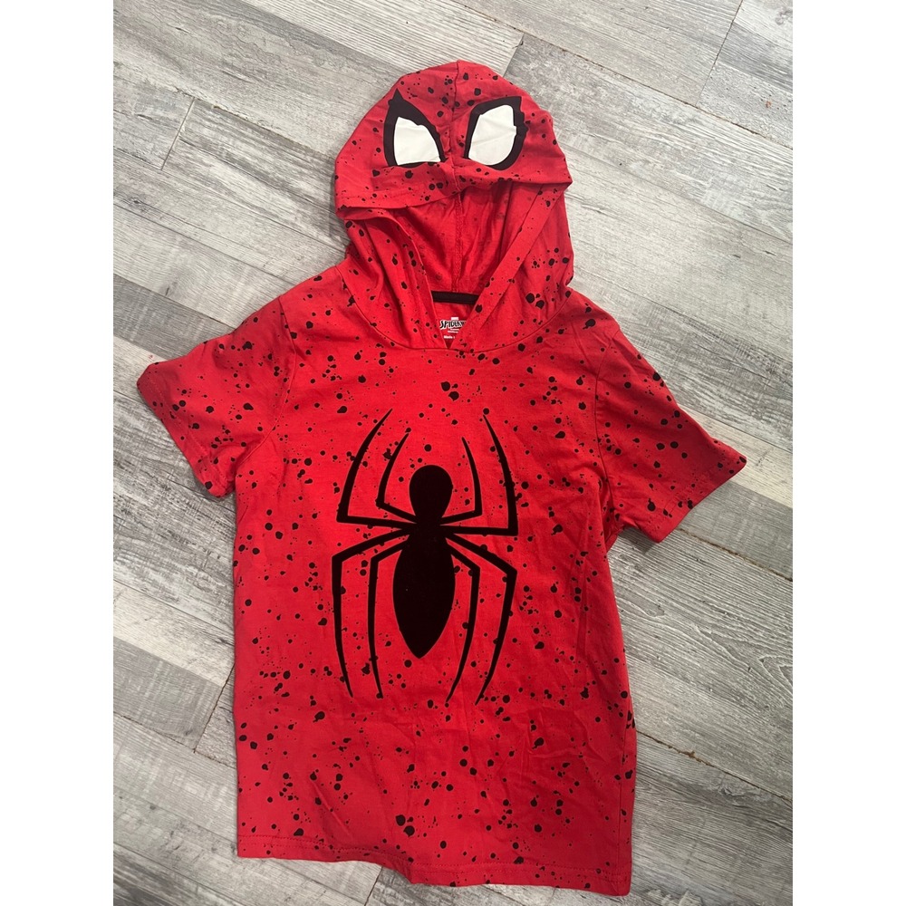 Marvel Spider-Man Boys Red Splatter Hooded Short Sleeve T-Shirt Size 10 Mask